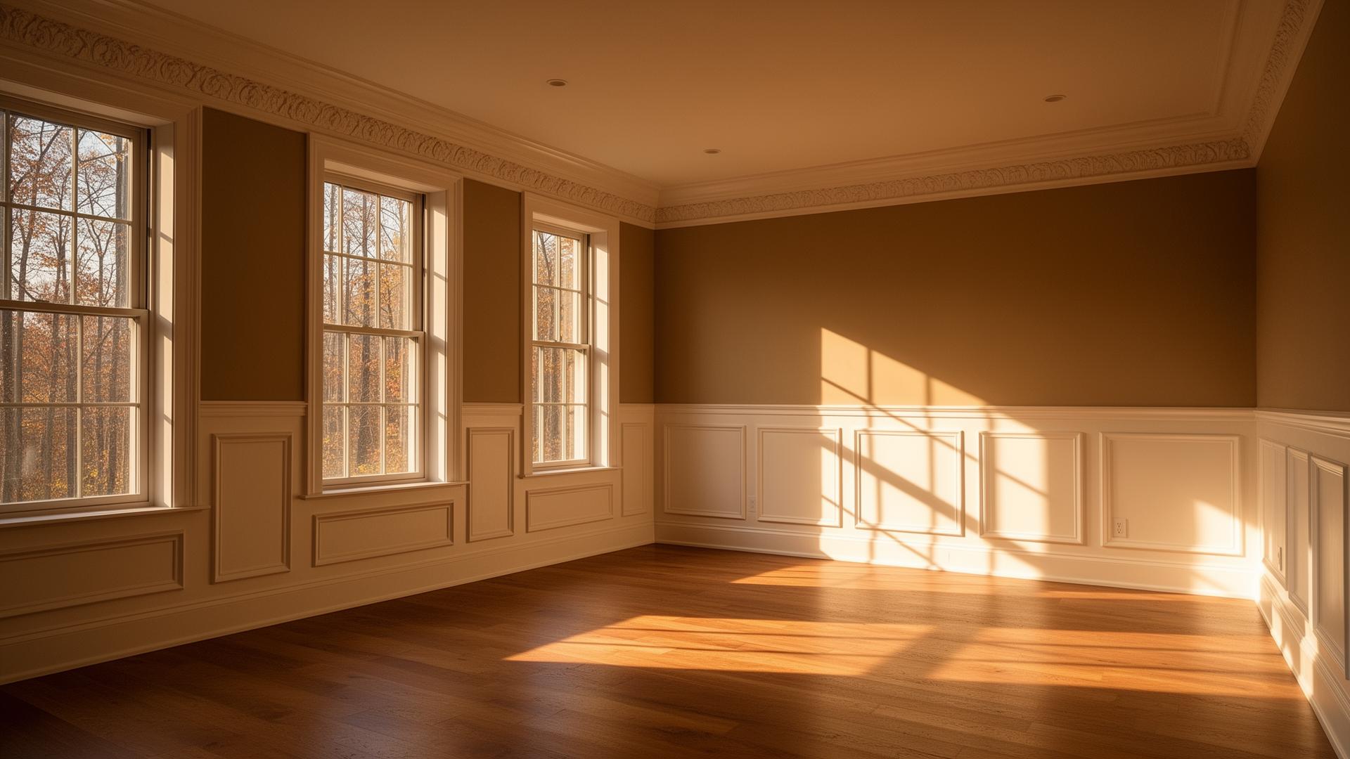 Sunlit interior with crown molding and wainscoting